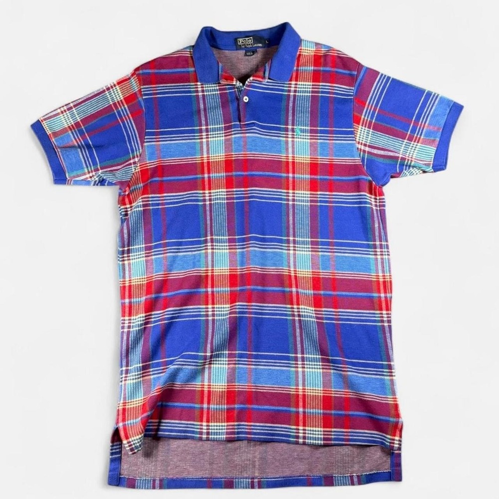 Vtg Polo Ralph Lauren Tartan Plaid Long Tail Polo Shirt Men's Large Made In USA